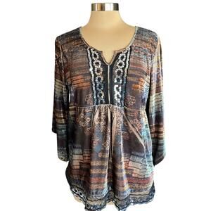 One World Velvet Print Top Sequin & Lace Trim LRG Whimsygoth Forest Fairy Grunge